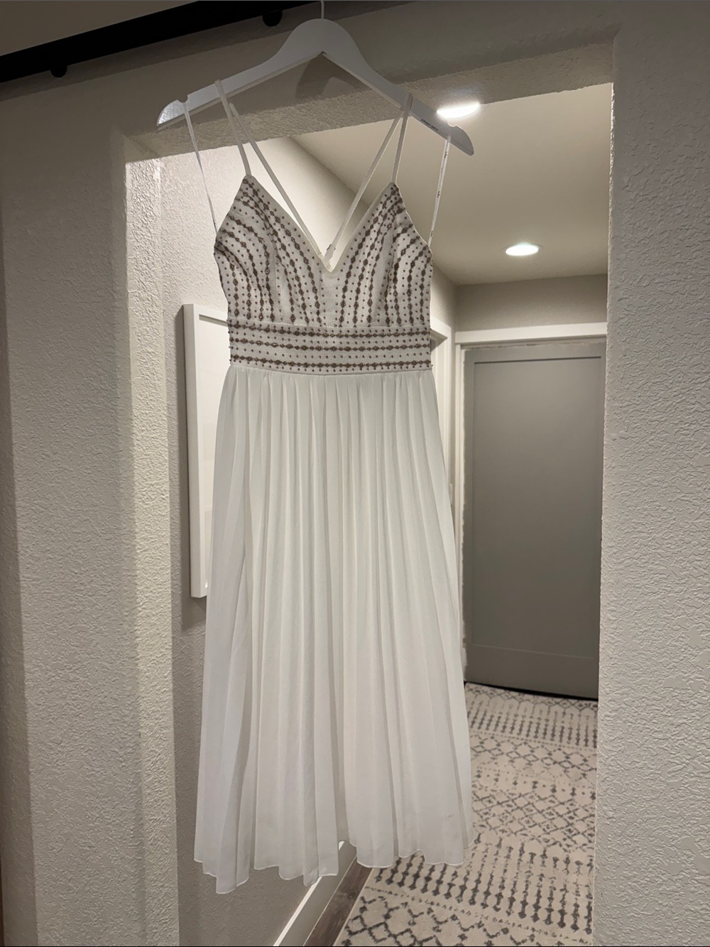 Lulu's White Midi Dress with Beaded V-Neck Bodice